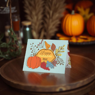 Carte Citrouille de Thanksgiving d'art folklorique bleu