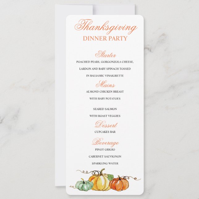 Carte citrouille du menu du dîner Thanksgiving (Devant)
