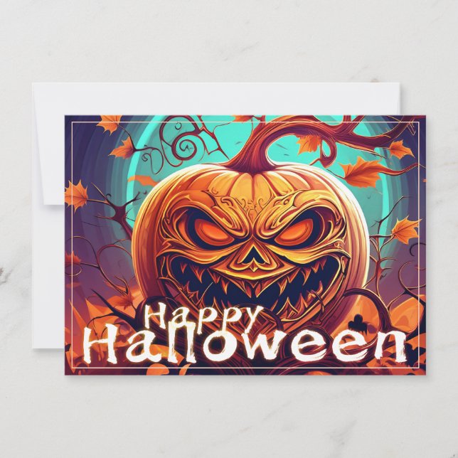 Carte Citrouille orange effrayant avec visage, Halloween (Devant)