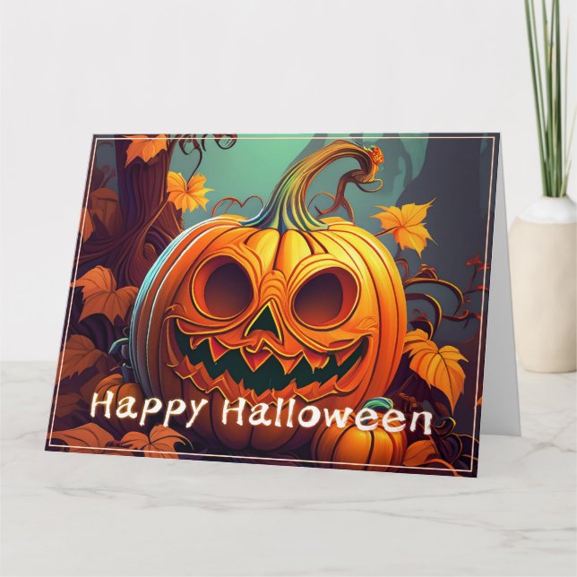 Carte Citrouille orange effrayant avec visage, Halloween (Devant)