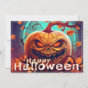 Carte Citrouille orange effrayant avec visage, Halloween