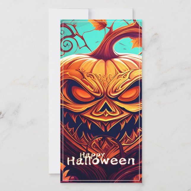 Carte Citrouille orange effrayant avec visage, Halloween (Devant)