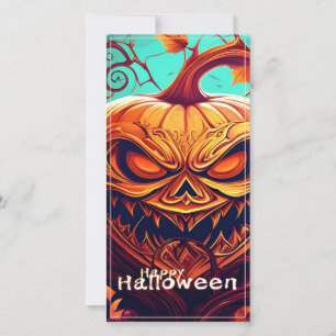 Carte Citrouille orange effrayant avec visage, Halloween
