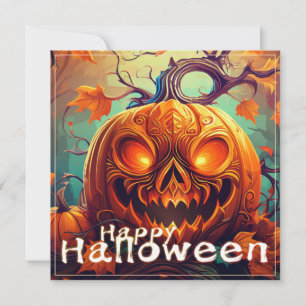 Carte Citrouille orange effrayant avec visage, Halloween