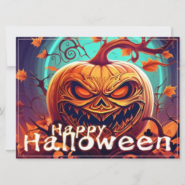 Carte Citrouille orange effrayant avec visage, Halloween (Devant)