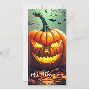 Carte Citrouille orange effrayant avec visage, Halloween