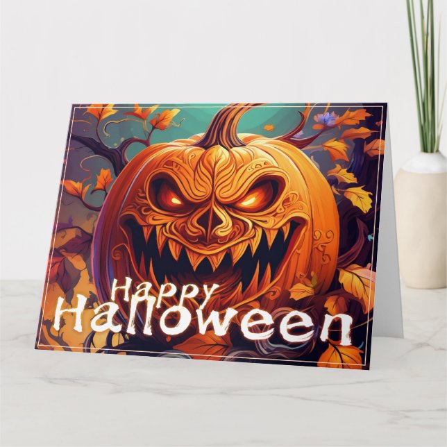Carte Citrouille orange effrayant avec visage, Halloween (Devant)