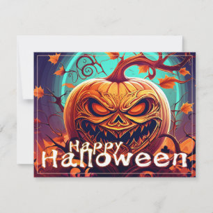 Carte Citrouille orange effrayant avec visage, Halloween