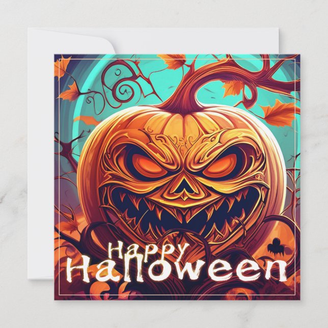 Carte Citrouille orange effrayant avec visage, Halloween (Devant)