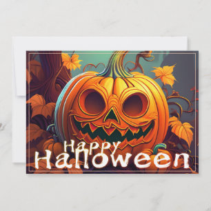 Carte Citrouille orange effrayante avec visage, Hallowee