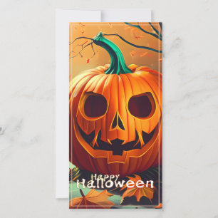 Carte Citrouille orange effrayante avec visage, Hallowee