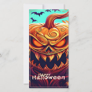 Carte Citrouille orange effrayante avec visage, Hallowee