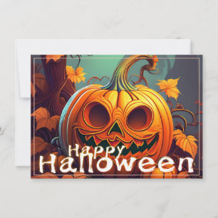 Carte Citrouille orange effrayante avec visage, Hallowee