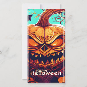 Carte Citrouille orange effrayante avec visage, Hallowee