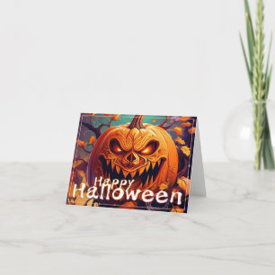Carte Citrouille orange effrayante avec visage, Hallowee