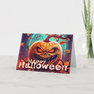 Carte Citrouille orange effrayante avec visage, Hallowee
