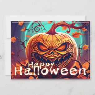 Carte Citrouille orange effrayante avec visage, Hallowee