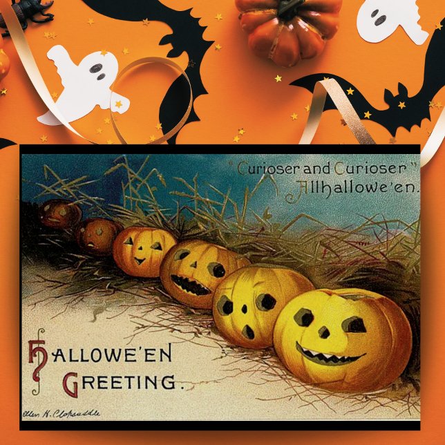 Carte Citrouilles Vintage Halloween salutations (Vintage Jack O Lanterns Halloween Greetings Downloadable Card with editable message.)