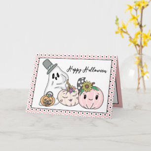 Carte Citrouilles Whimsical d'Halloween rose et Boo