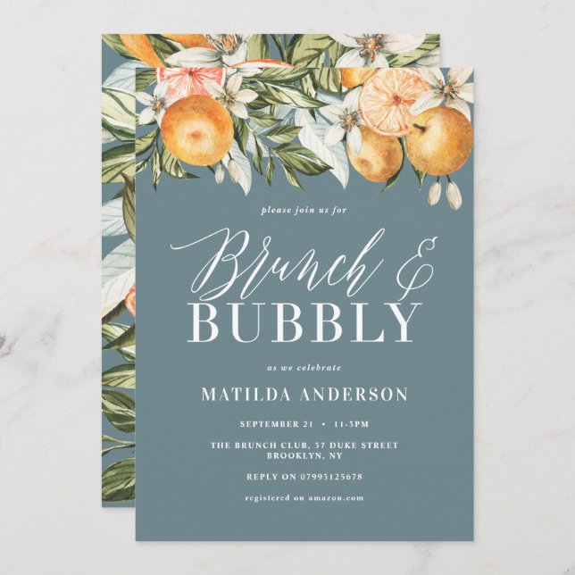 Carte Citrus, brunch douche nuptiale orange & mousseux (Devant / Derrière)