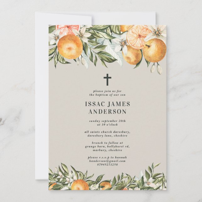 Carte Citrus, orange + fleurs baptême baptême baptême ba (Devant)
