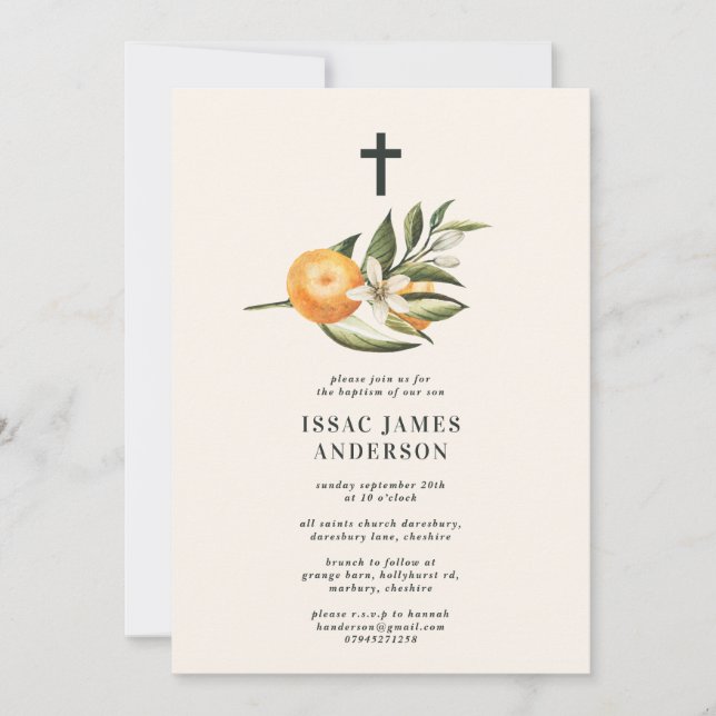 Carte Citrus, orange + fleurs baptême baptême baptême ba (Devant)