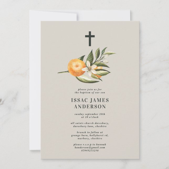 Carte Citrus, orange + fleurs baptême baptême baptême ba (Devant)
