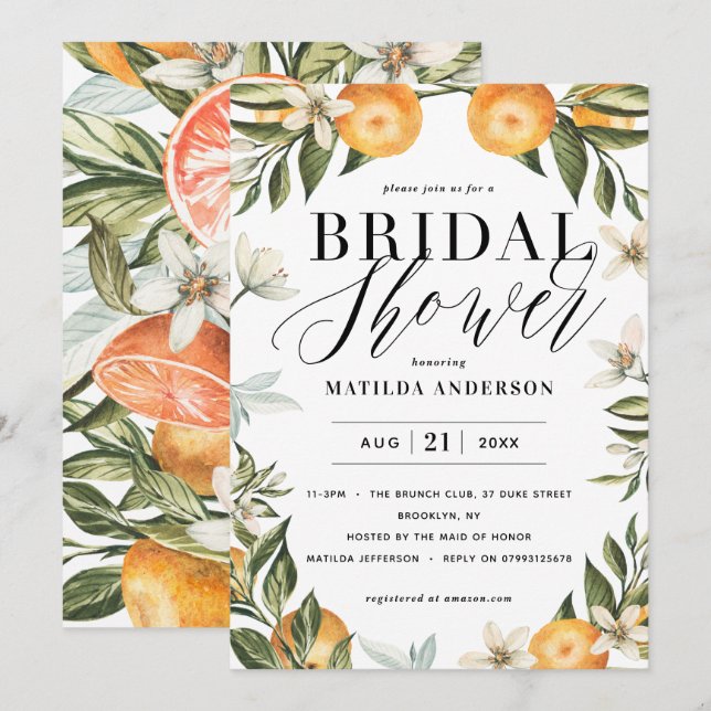 Carte Citrus, oranger + fleur fête de la douche nuptiale (Devant / Derrière)