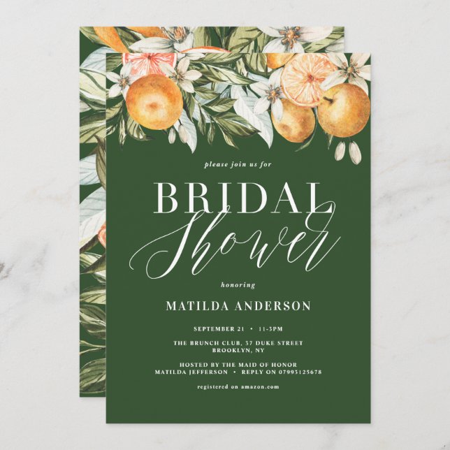 Carte Citrus, oranger + fleur fête de la douche nuptiale (Devant / Derrière)