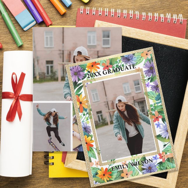 Carte Class of 20XX Floral Photo Graduation Announcement (Floral Photo Graduation Announcement Flat Card | Class of 20XX Graduate)