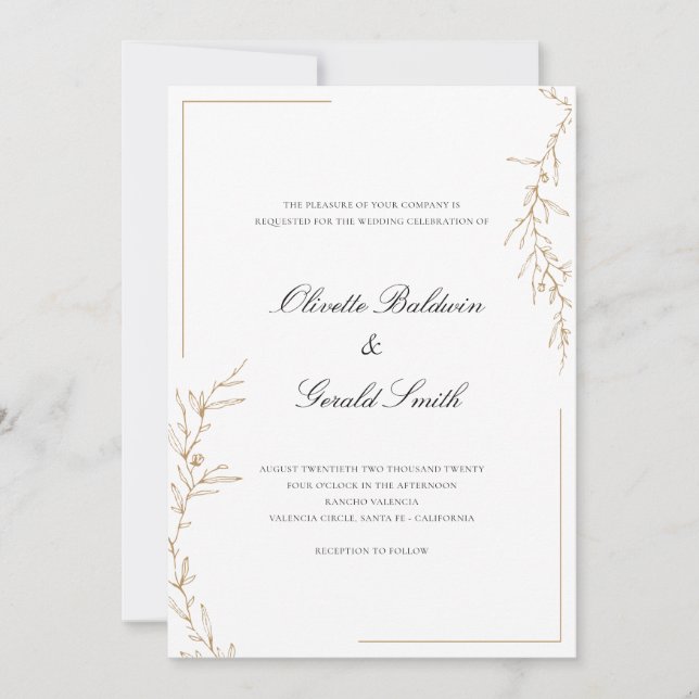 Carte Classic Elegant Mariage de branche de fleurs d'or (Devant)