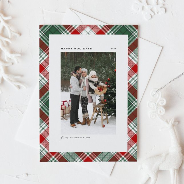 Carte Classic Green Plaid Motif Joyeux jours fériés Phot (Green and Red Classic Plaid Pattern Happy Holidays Photo Card)