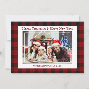 Carte Classique Rouge Tartan Noël Famille Photo Vacances