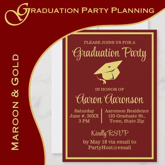 Carte Classy Stylish Gold sur Maroon Graduation Photo (A maroon and gold color scheme brings elegance to your graduation party.  www.greencarbon2112.com)