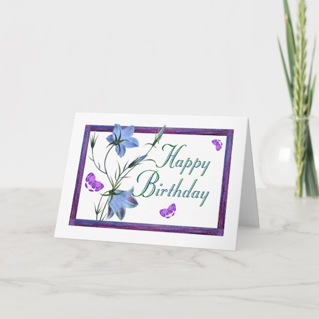 Carte Cloches bleues et papillons d'anniversaire (Devant)