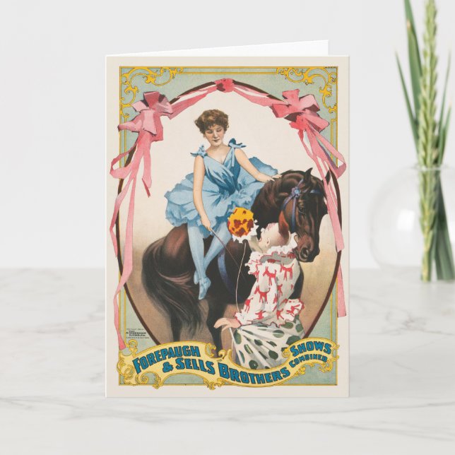 Carte Clown Distribuant Des Fleurs À Une Femme À Cheval (Devant)