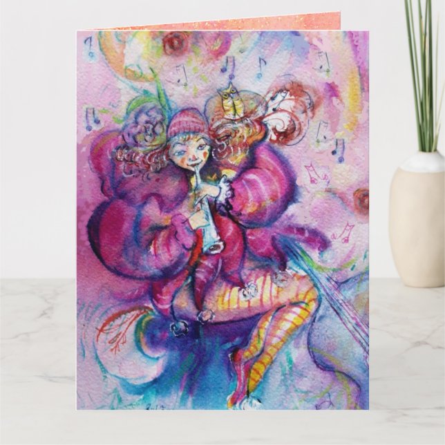 Carte CLOWN MUSICAL AUX ÉTOILES ROSES Joyeux Anniversair (Devant)