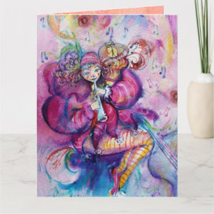 Carte CLOWN MUSICAL AUX ÉTOILES ROSES Joyeux Anniversair