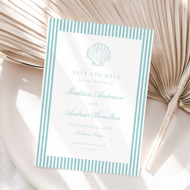 Carte Coastal Aqua Stripe Shell Wedding Save the Date (Créateur téléchargé)