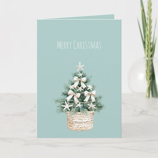 Carte Coastal Christmas Tree Bows Blue Beach Ocean   (Devant)