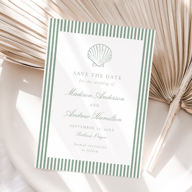 Carte Coastal Sage Stripe Shell Wedding Save the Date (Créateur téléchargé)