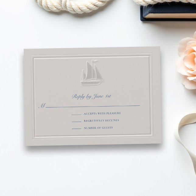 Carte Coastal Sailboat Formal Classic Wedding Response (coastal wedding rsvp sail boat formal traditional double frame modern classic faux embossed)