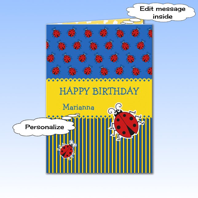 Carte Coccinelle bleu jaune ajouter nom anniversaire (Créateur téléchargé)