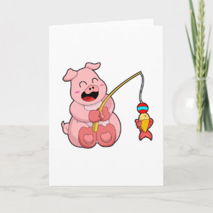 Carte Cochon à la pêche avec poisson