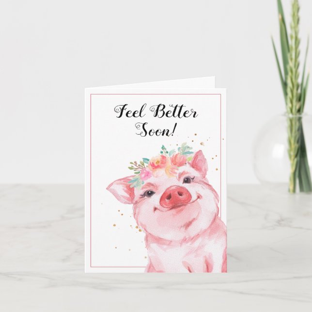Carte Cochon à l'aquarelle mignon avec couronne florale  (Devant)