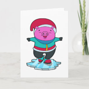 Carte Cochon au patinage sur glace avec patins à glace e