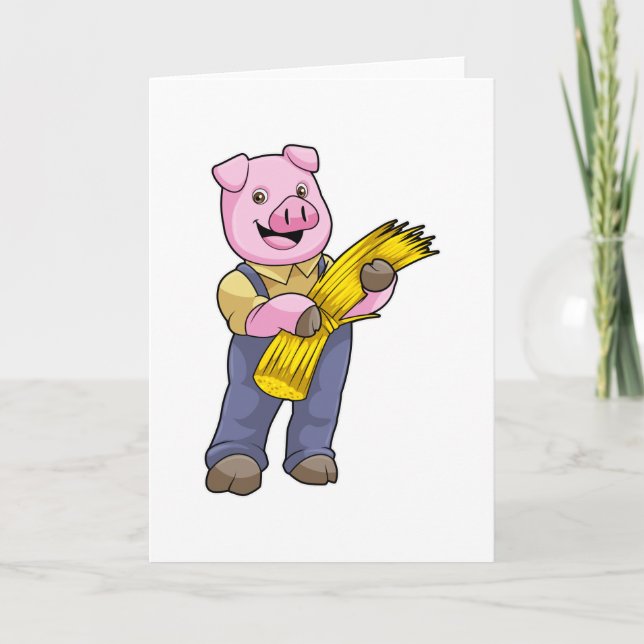 Carte Cochon comme agriculteur avec de la paille (Devant)