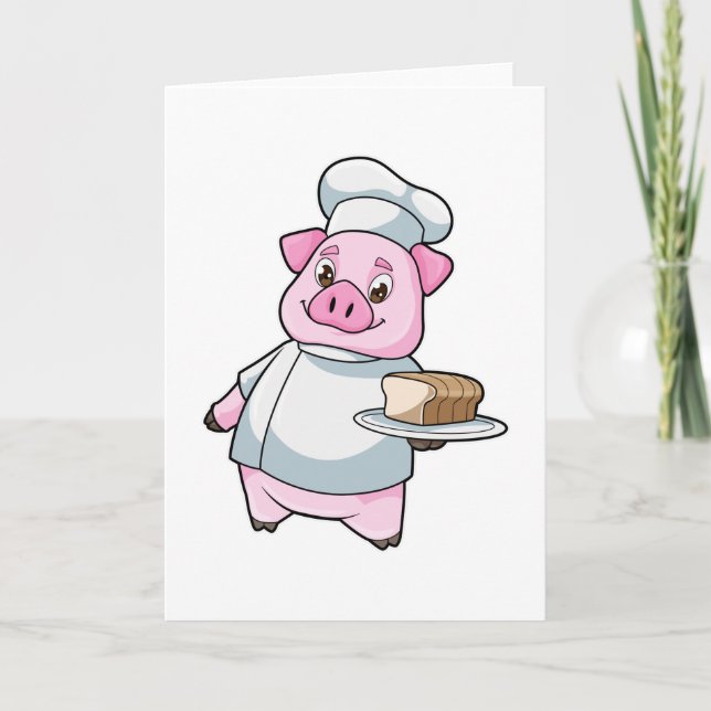 Carte Cochon comme chef avec plat et gâteau (Devant)