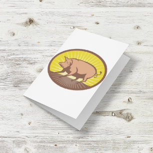 Carte Cochon de ferme rétro avec Sunburst