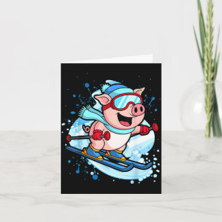 Carte Cochon drôle qui fait du ski, design vacances d'hi